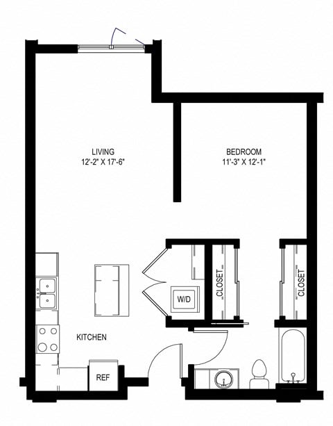Floor plan for 1 bed, 1 bath, 689 sqft